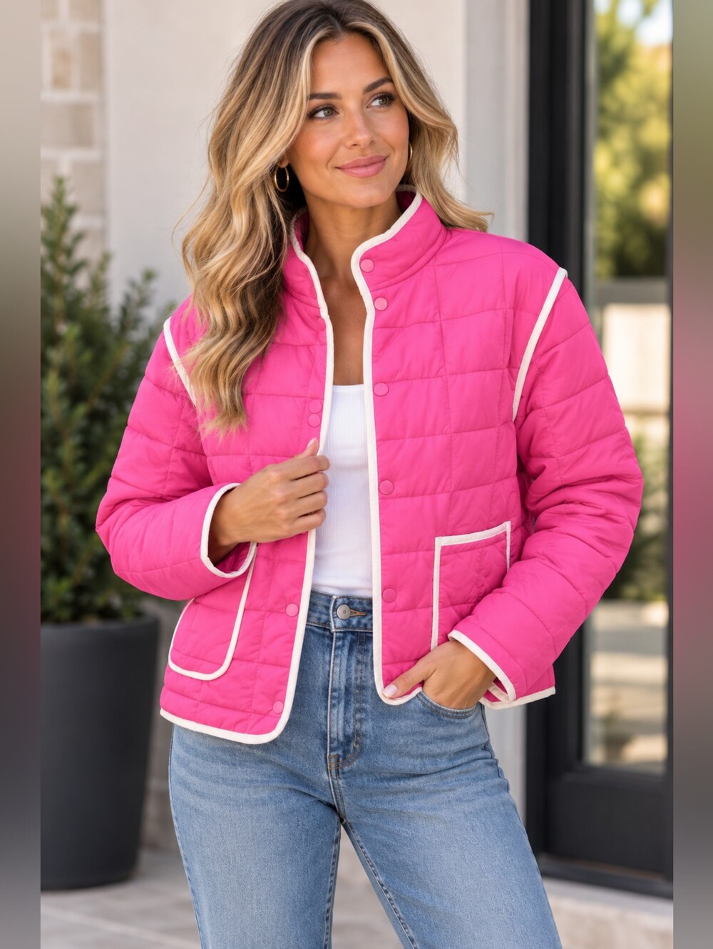 Katy Did Hot Pink Quilted Puffer Jacket White Trim Size Small NWOT